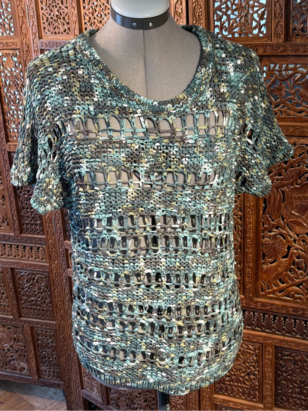 Chico's Open-Knit Short Sleeve Sweater in Teal, Black & Cream